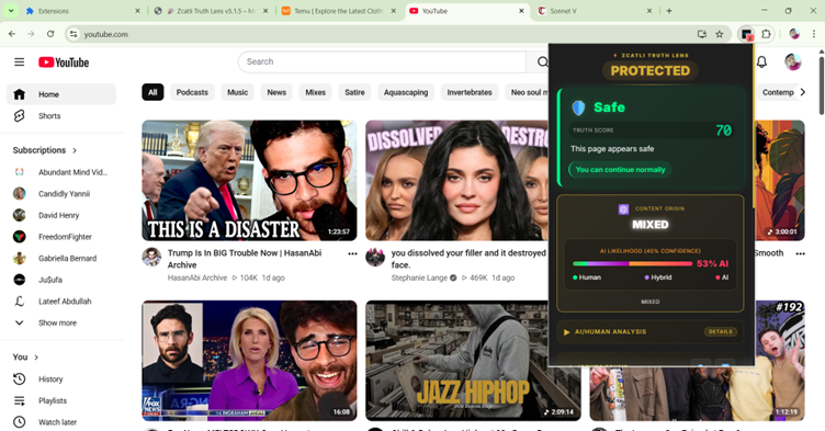 YouTube homepage with AI analysis